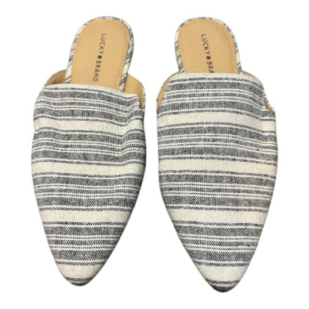 Lucky Brand Striped Pointed Toe Mule Flats Black Cream Slip On Shoes 11